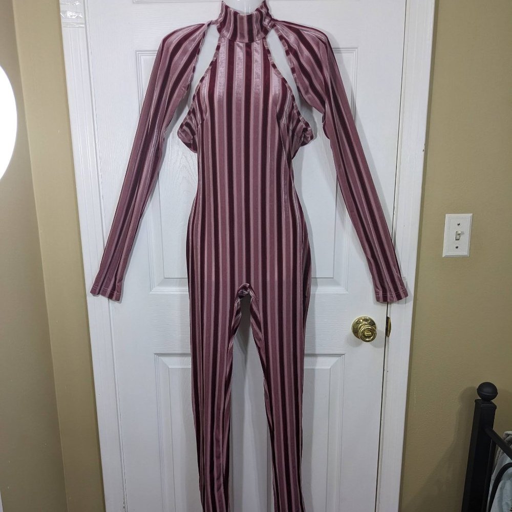 Shane Justin Runway Maroon & Pink Velvet Striped Cut-Out Sleeve Jumpsuit - L NWT